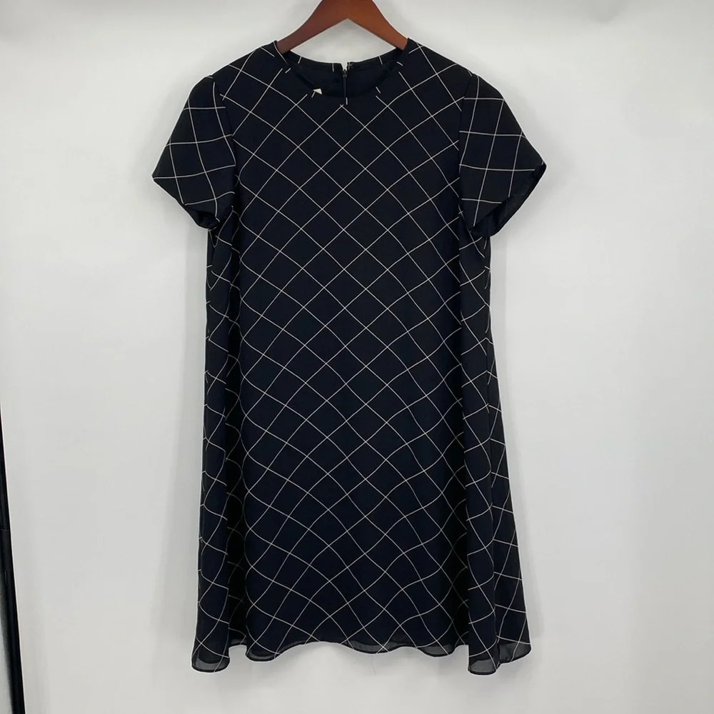 Laura Madrigano Dress Womens 8 Shift Black White‎ Windowpane Check Vtg 90s Mini